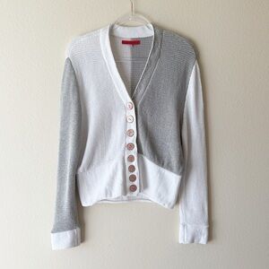 Eckhaus Latta 100% Cotton Asymmetric Colorblock Knit Cardigan Grey & White